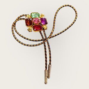 Vintage Rhinestone Bolo Tie Multicolor Stones Gold-Tone Metal Accents